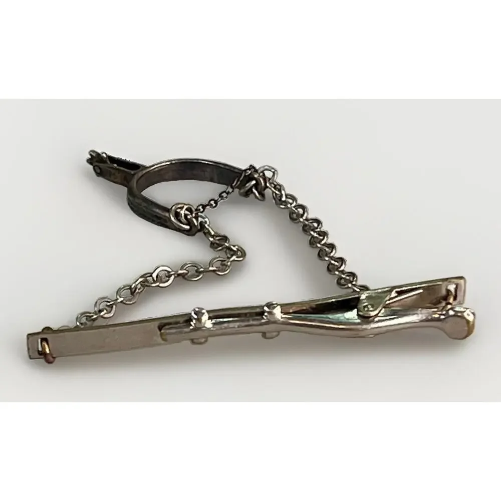 Vintage Sterling Silver Boot Spur Tie Clip Chain Silver Tone Western Cowboy 3”